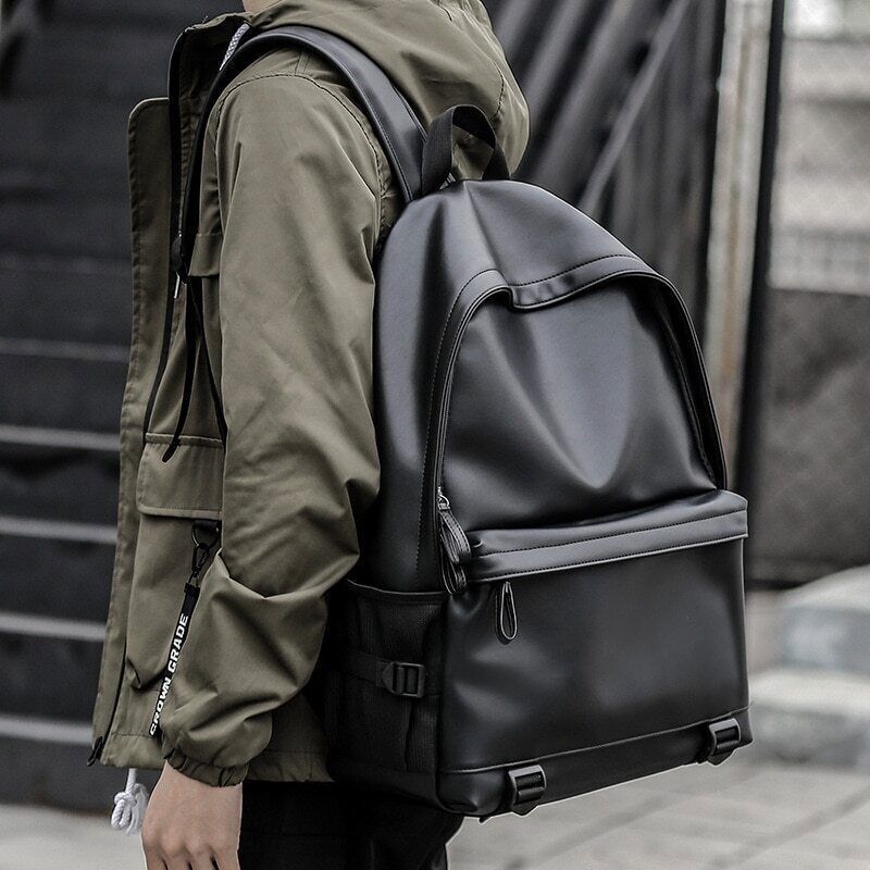 Men Leather Backpack Black School Bags Boys 15.6 Inch Laptop Backpacks