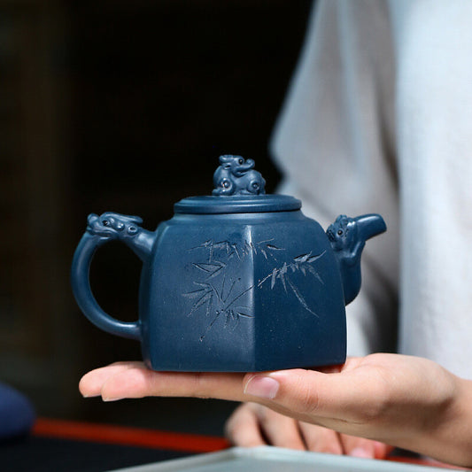 5.6"collect China Yixing Zisha Pottery Celeste Clay 320ML Six Sides Beast Teapot