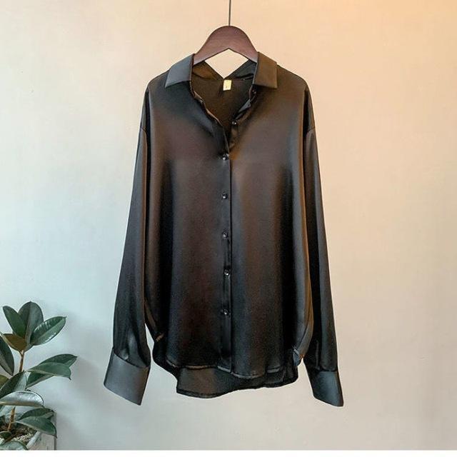 Color Ladies Baggy Solid Button-up Work Tops Blouse Women Long Sleeve Satin Silk