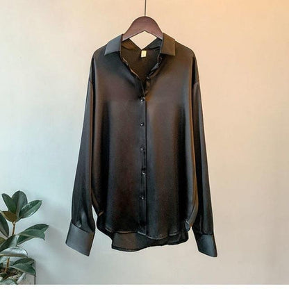 Color Ladies Baggy Solid Button-up Work Tops Blouse Women Long Sleeve Satin Silk