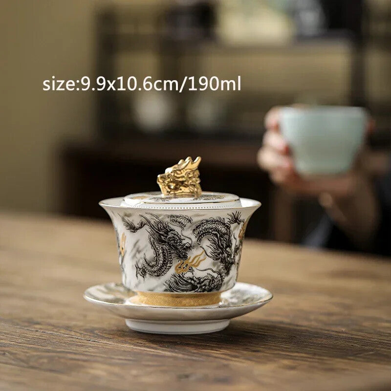 Chinese Dark Dragon Sheep Fat Jade Porcelain Gaiwan High-end Retro Tea Bowl
