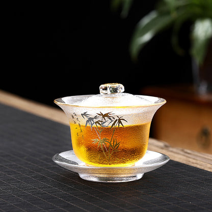 200ml Clear Gaiwan Glass Tureen Floral Relief Teacup Covered Bowl Cup Saucer Mat