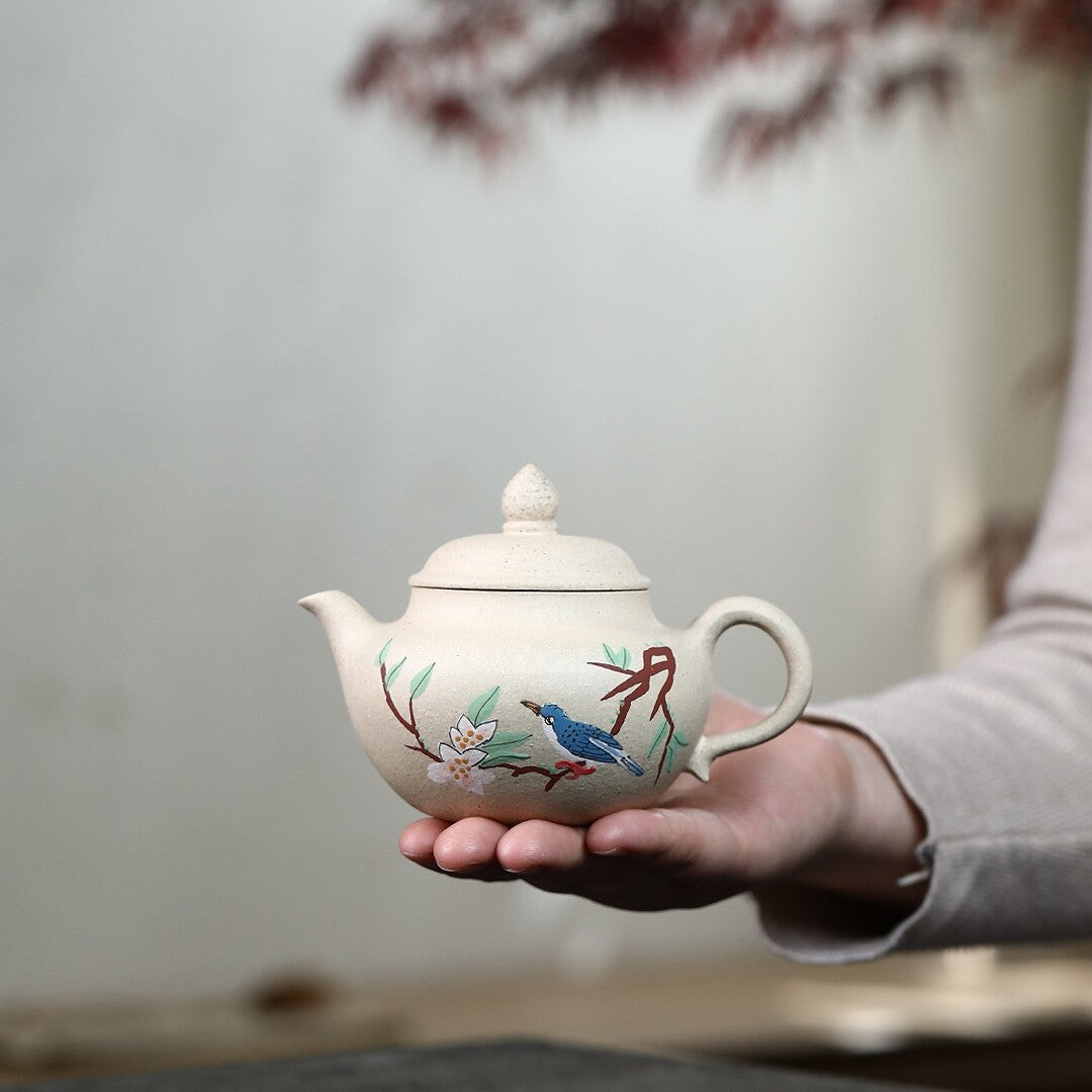 Yixing Zisha White Clay Pottery Handmade Tea Pot Bird Branch Marked Tea Pot