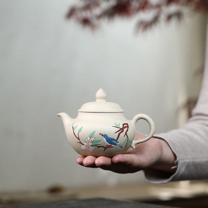 Yixing Zisha White Clay Pottery Handmade Tea Pot Bird Branch Marked Tea Pot