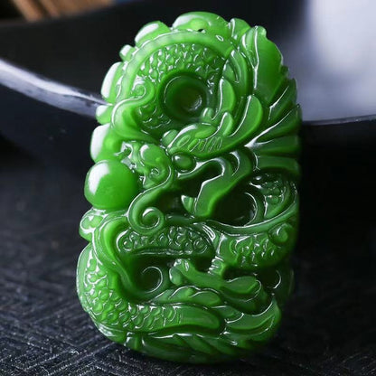 100% Natural green Chinese Hetian Jade 100% Hand-carved dragon Pendant.