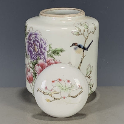 Chinese Antique Pastel Porcelain Flower Bird Lid Pot Tea Pot Jar