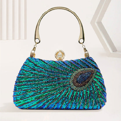 New Vintage Dress Bag Hand Peacock Feather Sequin Bag Prom Evening Bag