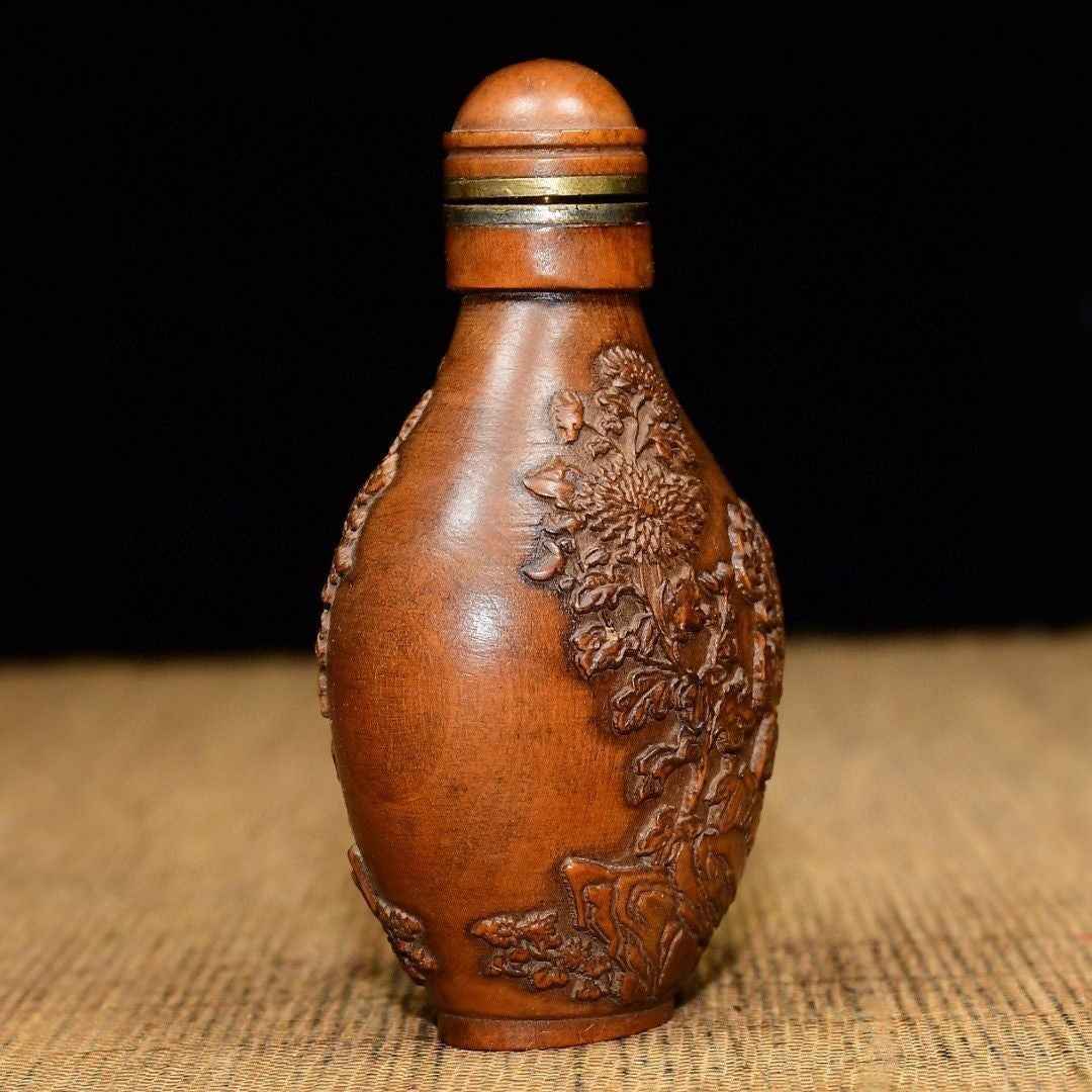 Hand Carved Boxwood Snuff Bottle Plum Blossom Pattern Wooden Collectible 7.5cm