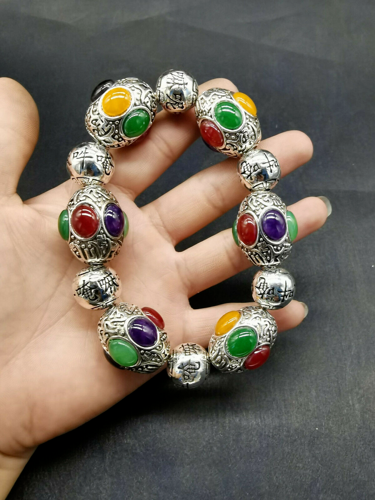 Old Tibet silver carving flower inlaid red green black jade silver bracelet
