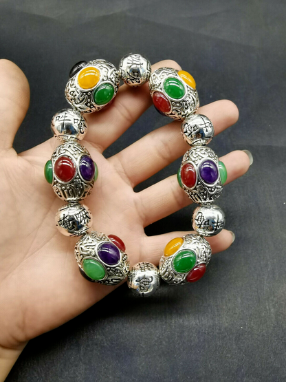 Old Tibet silver carving flower inlaid red green black jade silver bracelet
