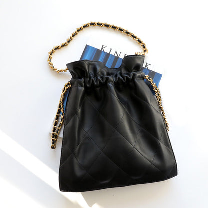 Quilted Real Leather Drawstring Bucket Shoulder Bag Purse Crossbody Handbag Tote