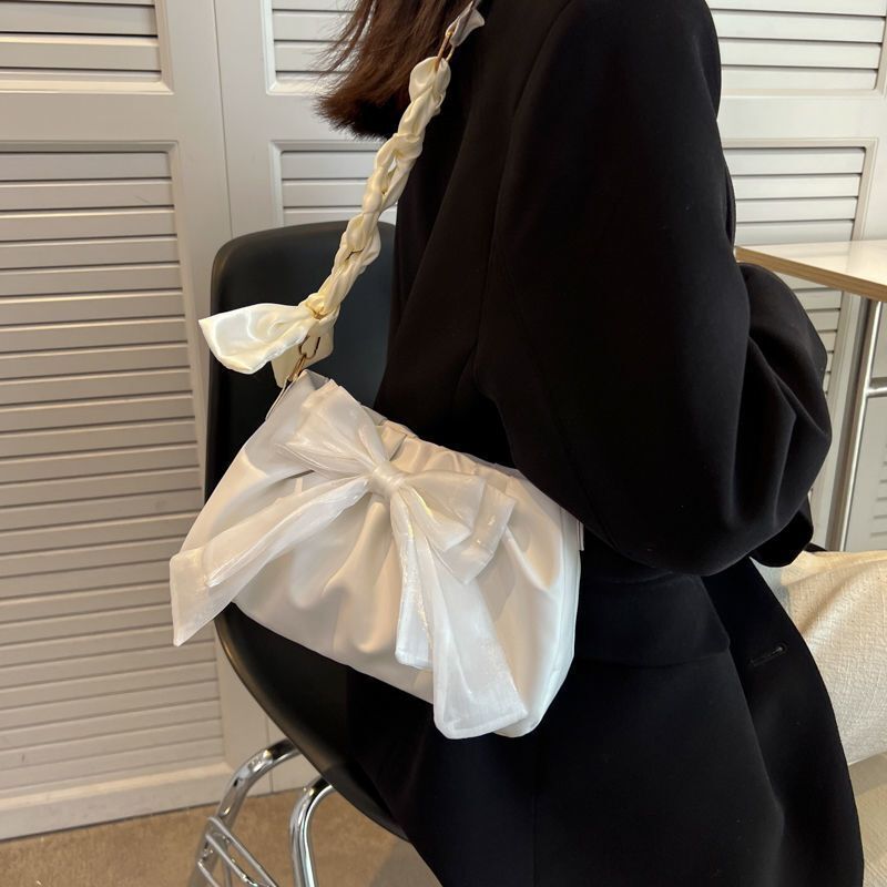 White Bow Versatile Shoulder Bag Summer Autumn Pleated Cloud Handbag 28*15*8 cm