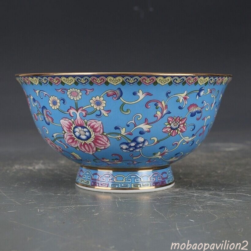 Old Chinese Exquisite Flowers Blue Bowls Porcelain Color Hand Painted Tangled