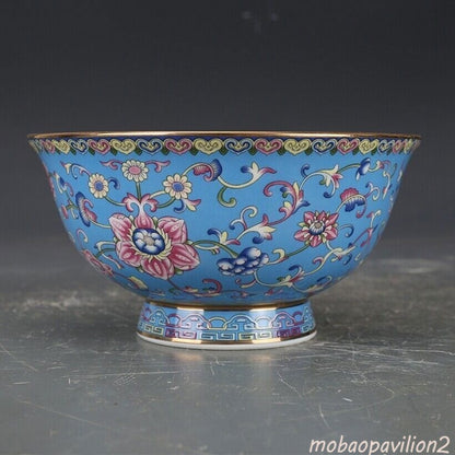 Old Chinese Exquisite Flowers Blue Bowls Porcelain Color Hand Painted Tangled
