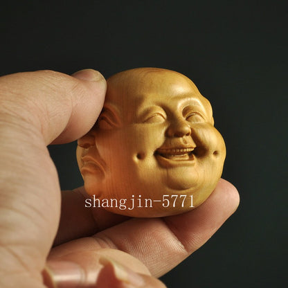Boxwood Carved 4 Faced Emotions Buddha Head Statue Figurine Collection