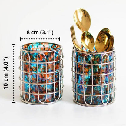 Set of 2 Stainless Steel (Silver Color) & Blue/Orange Glass Silverware Holders