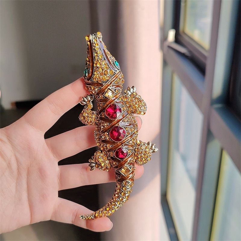 Vintage Crystal Lizard Brooch 13.8cm 2Pcs Lapel Pin for Coat Suit Unisex