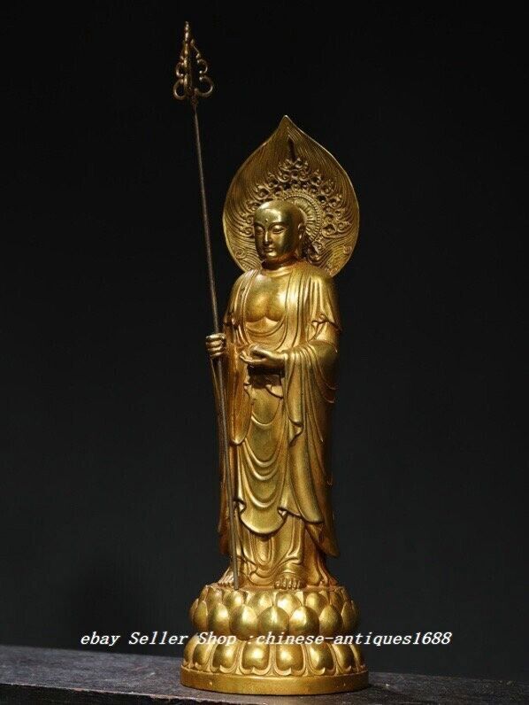 14" Old Tibet Buddhism Copper Gilt Stand Ksitigarbha Boddhisattva Buddha Statue