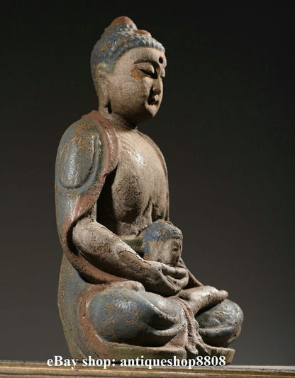 10" Tibet Buddhism Wood Carved Shakyamuni Amitabha Buddha Sakyamuni Statue S05