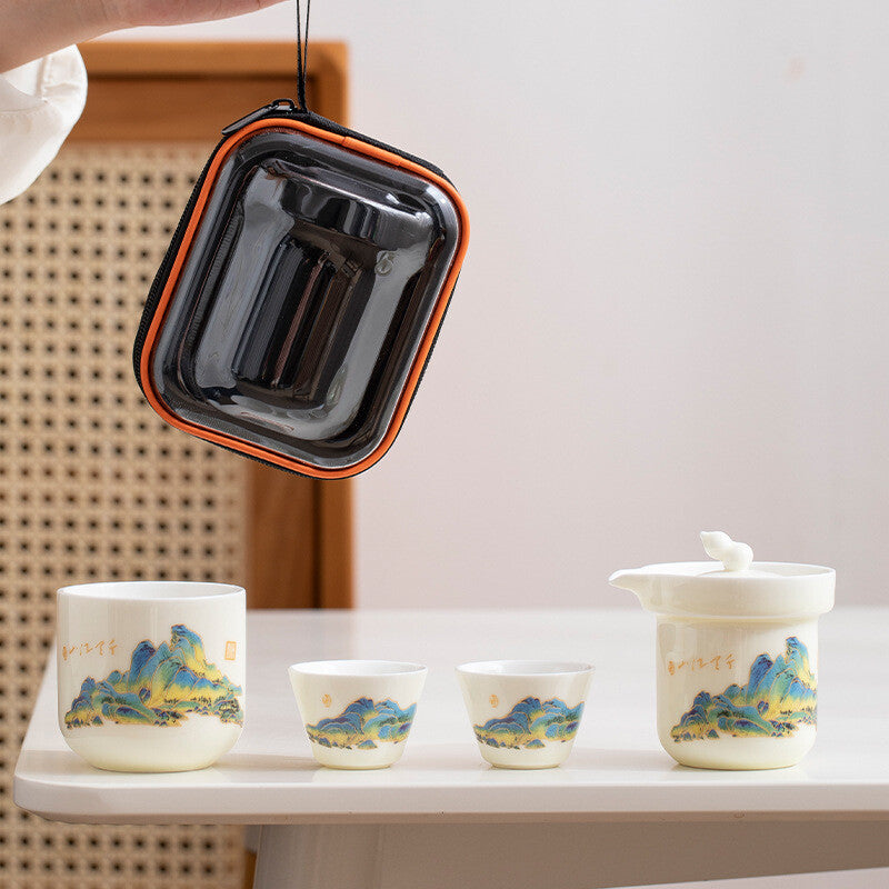 Porcelain Tea Set Pot With Infuser Holes Matching Tea Cup Portable Bag 6pcs/lot
