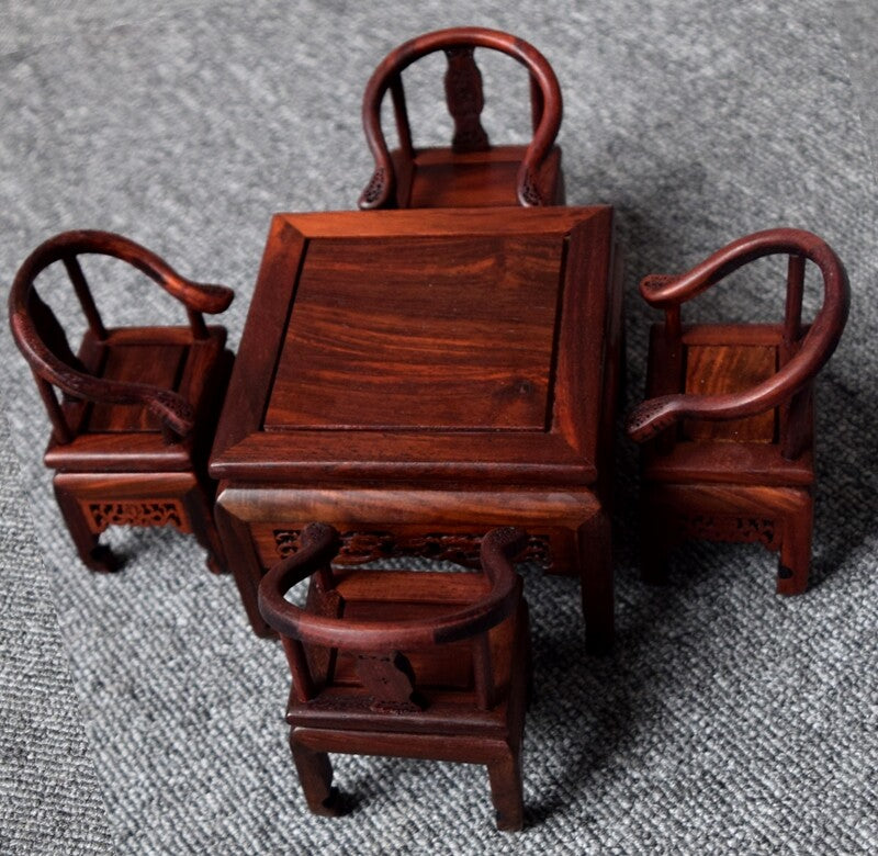 Chinese Mini Rosewood Display Miniature 1 Square Table 4 Chair Furniture Set