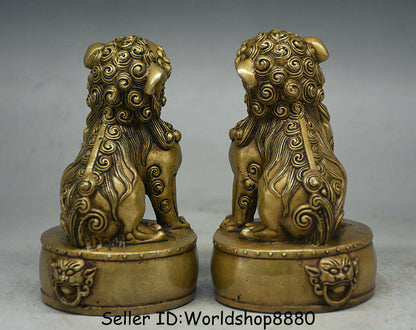 4.4"IN Chinese Old Copper Folk Feng Shui Foo Fu Dog Guardion Lion Drum Statue