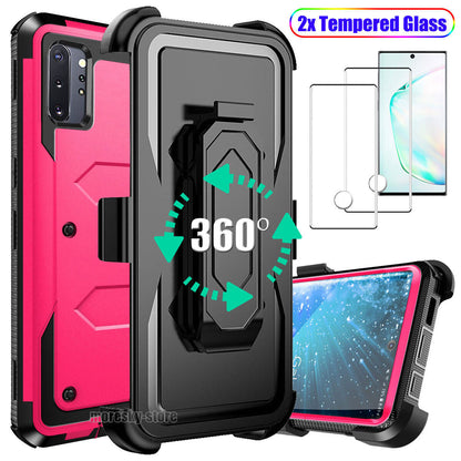 For Samsung Galaxy Note10+ Case Clip Belt Stand Cover / Tempered Glass Protector