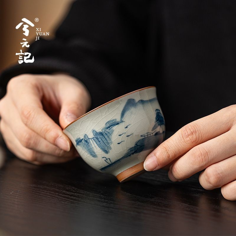 Chinese Ge Kiln Style Tea Cup Crackle Glaze Hand Painted Landscape 106ml