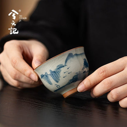 Chinese Ge Kiln Style Tea Cup Crackle Glaze Hand Painted Landscape 106ml