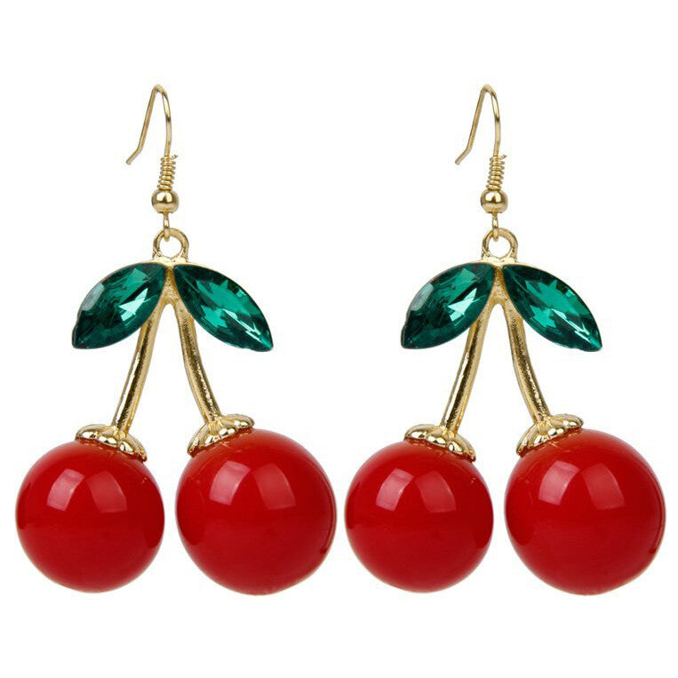 1 Pair Women Cherry Earrings Drop and Dangle with Sparkling Green Rhinestones