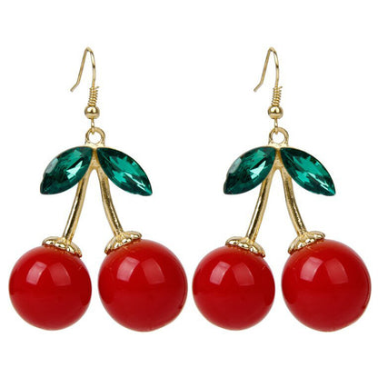 1 Pair Women Cherry Earrings Drop and Dangle with Sparkling Green Rhinestones