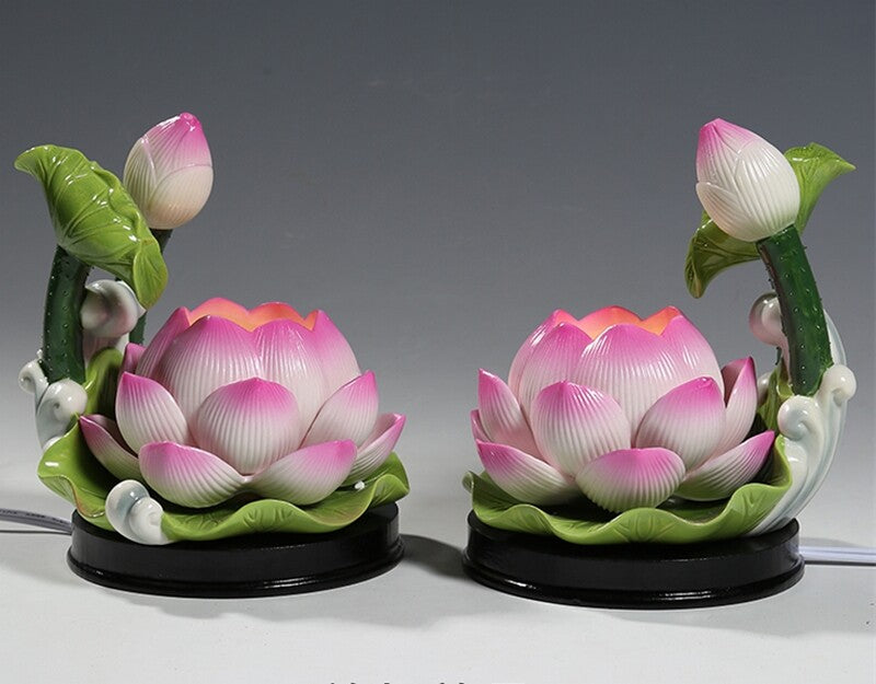 1 Pairs LED Buddhism Porcelain Lamp Buddha Table Desk Altar Lotus Statue Light