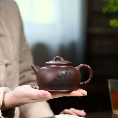 Full Handmade Carved Tea Pot Figurine Real Yixing Zisha Purple Grit Clay Pot New