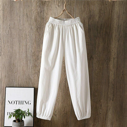 Pants Women Casual Cotton Linen Elastic Waist Solid Basic Retro Loose Trousers
