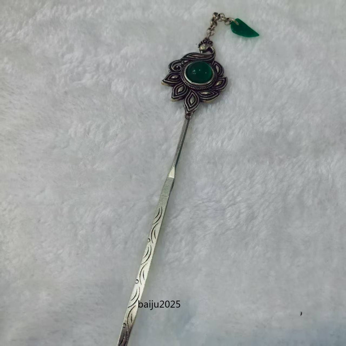 Green Jade Inlaid Old Tibetan Silver Hairpin,Chinese Old Craft Made A