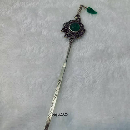 Green Jade Inlaid Old Tibetan Silver Hairpin,Chinese Old Craft Made A