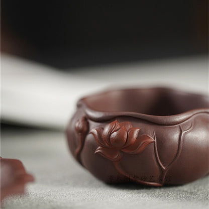 Full Handmade Tea Cup With Coaster Lotus Carved Real Yixing Zisha Master Cup Mat
