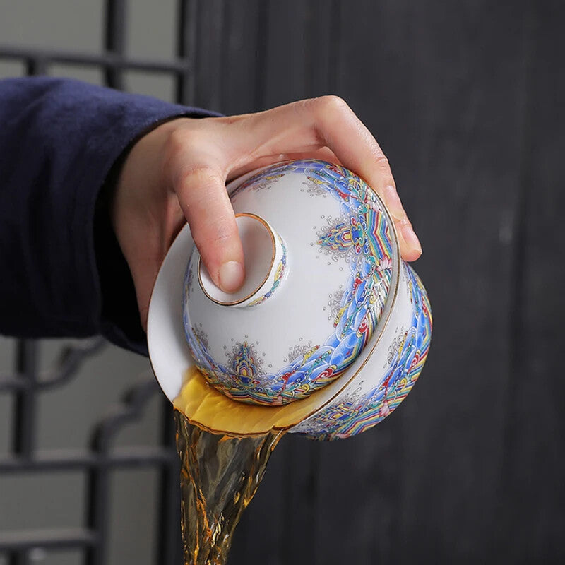 240ml Chinese Ceramic Gaiwan Enamel Sancai Gaiwan Large Single Teacup