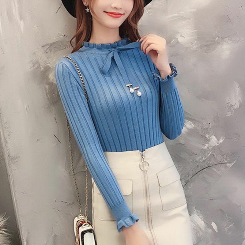 Women Sweater Knitted Long Sleeve Knitwear Elastic Basic Korean Style Pullover