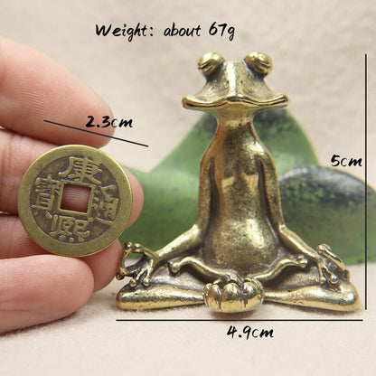 Retro Brass Meditate Zen Buddhism Frog Statue With Ancient Chinese Coins Lucky