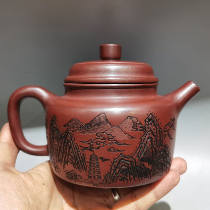 Vintage China Yixing Purple Clay Teapot Zisha Ceramic Carving Landscape Teaware