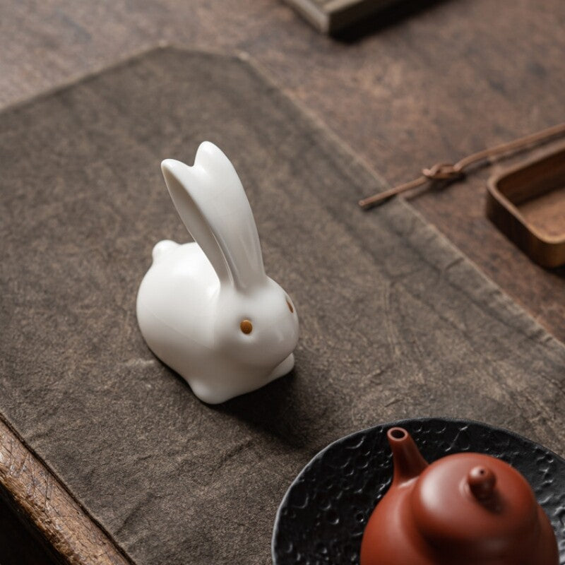 Lovely Rabbit Statue Porcelain Tea Pet Artware Mascot Ornament Handmade Animal