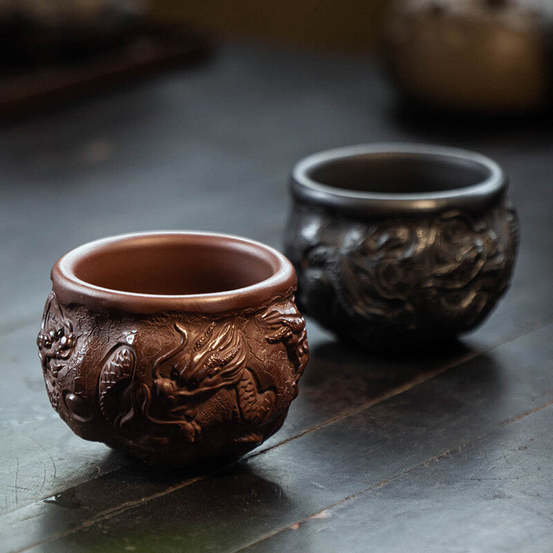 Full Handmade Tea Cup Dragon Carved Master Cup 5 Oz Original Ore Zisha Clay Cup