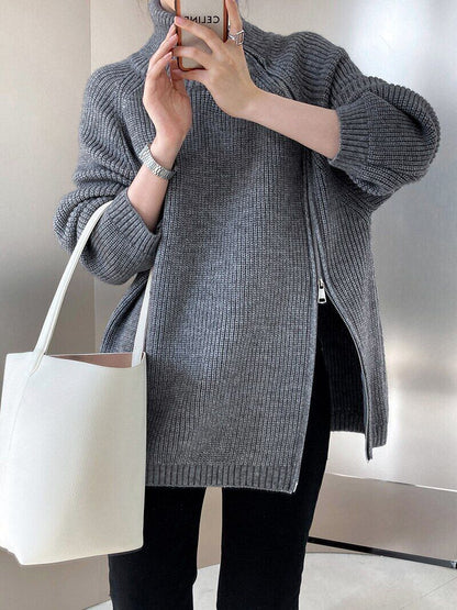 Women's Turtleneck Zipper Sweater Gray White Black High Neck Jumper