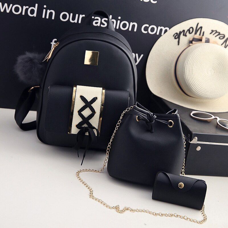 3Pcs/Set Synthetic Leather Women Backpack Purse Composite Bag Travelling Purse