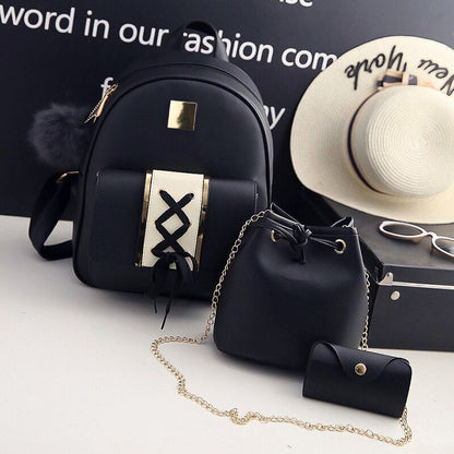 3Pcs/Set Synthetic Leather Women Backpack Purse Composite Bag Travelling Purse
