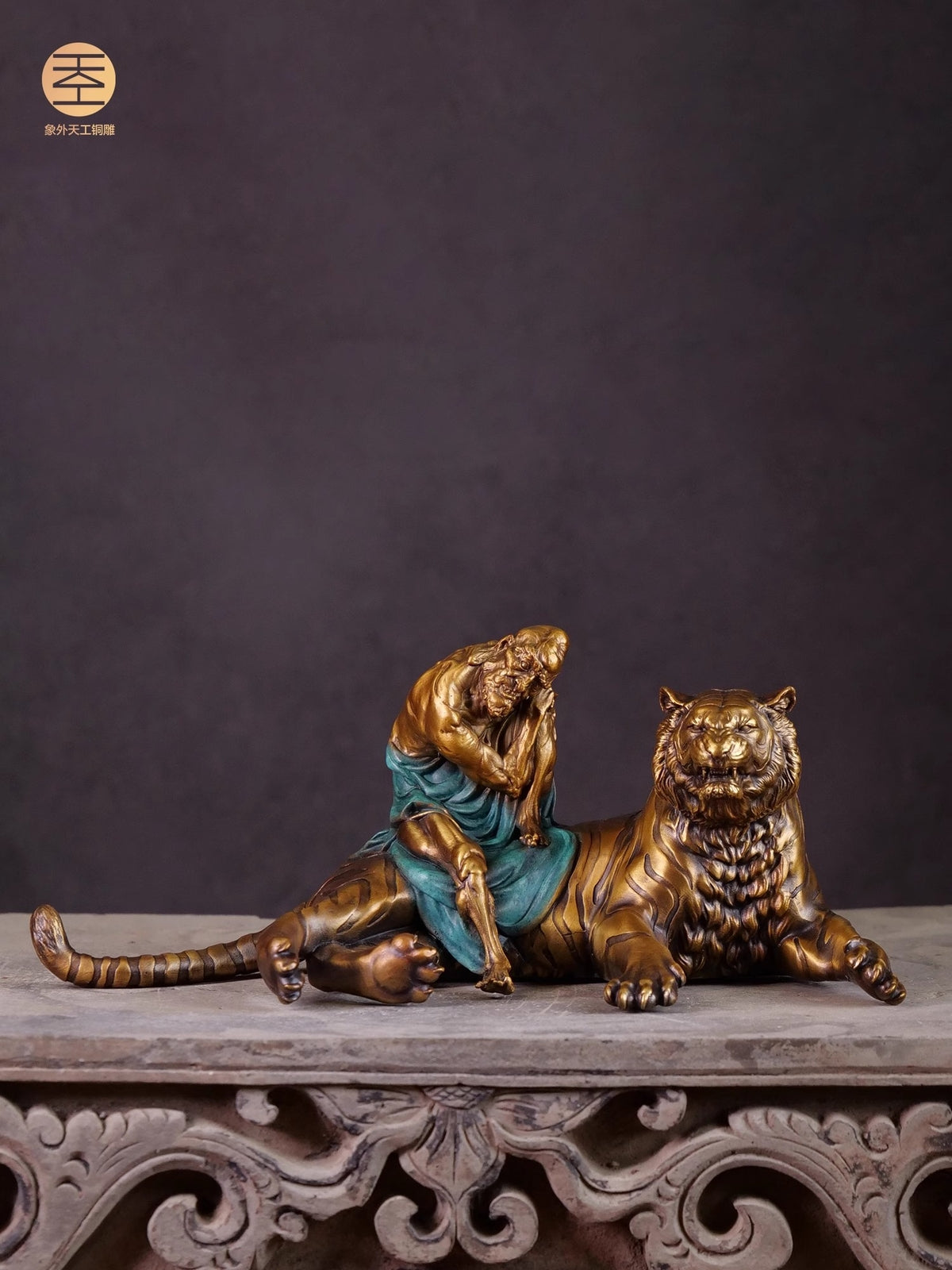 Brass Tiger Subduing Arhat Statue Artwork Zen Collection Home Decor Ornament