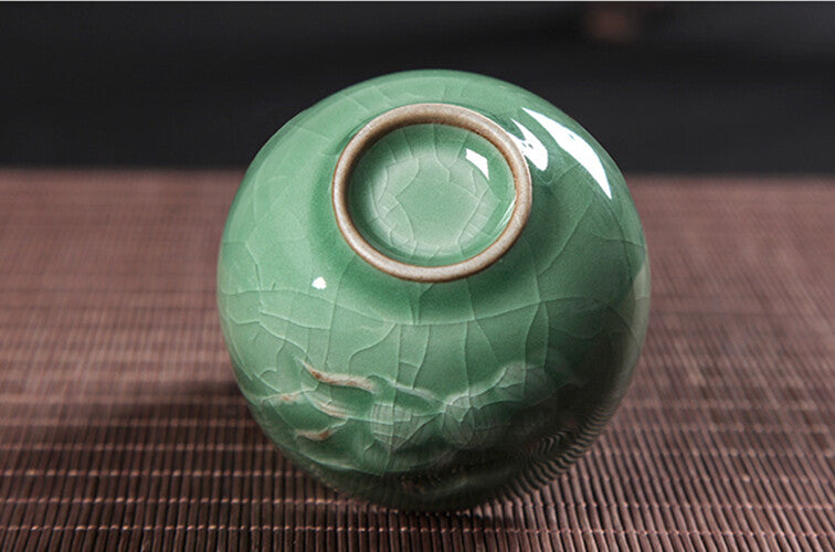 Creative Tea Cup Longquan Celadon Crackle Glaze Porcelain Cup Peony Relief Cups