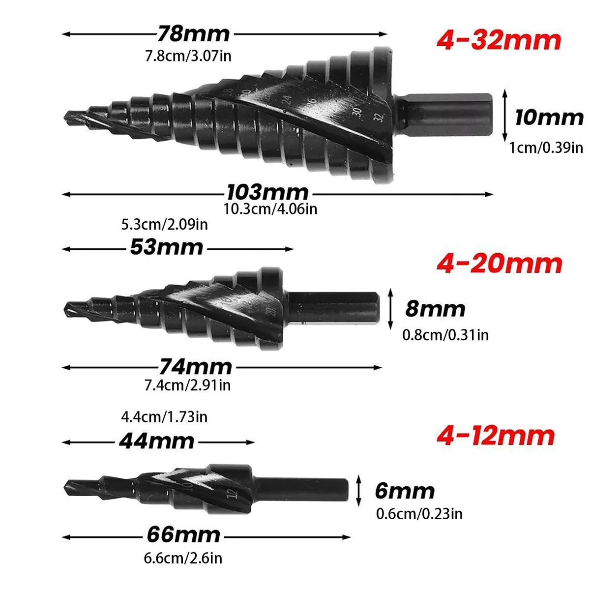 3Pcs HSS Step Drill Bit Set Large Cone Titanium Bit Set 6/8/10mm Shank