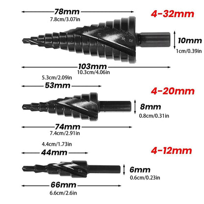 3Pcs HSS Step Drill Bit Set Large Cone Titanium Bit Set 6/8/10mm Shank